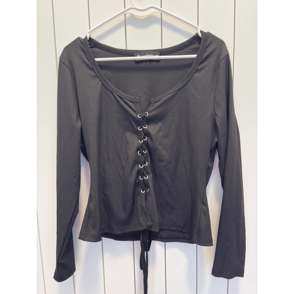 Y2K Lace Up Top Womens Black XL Ribbed Long Sleeve 90s Grunge Style